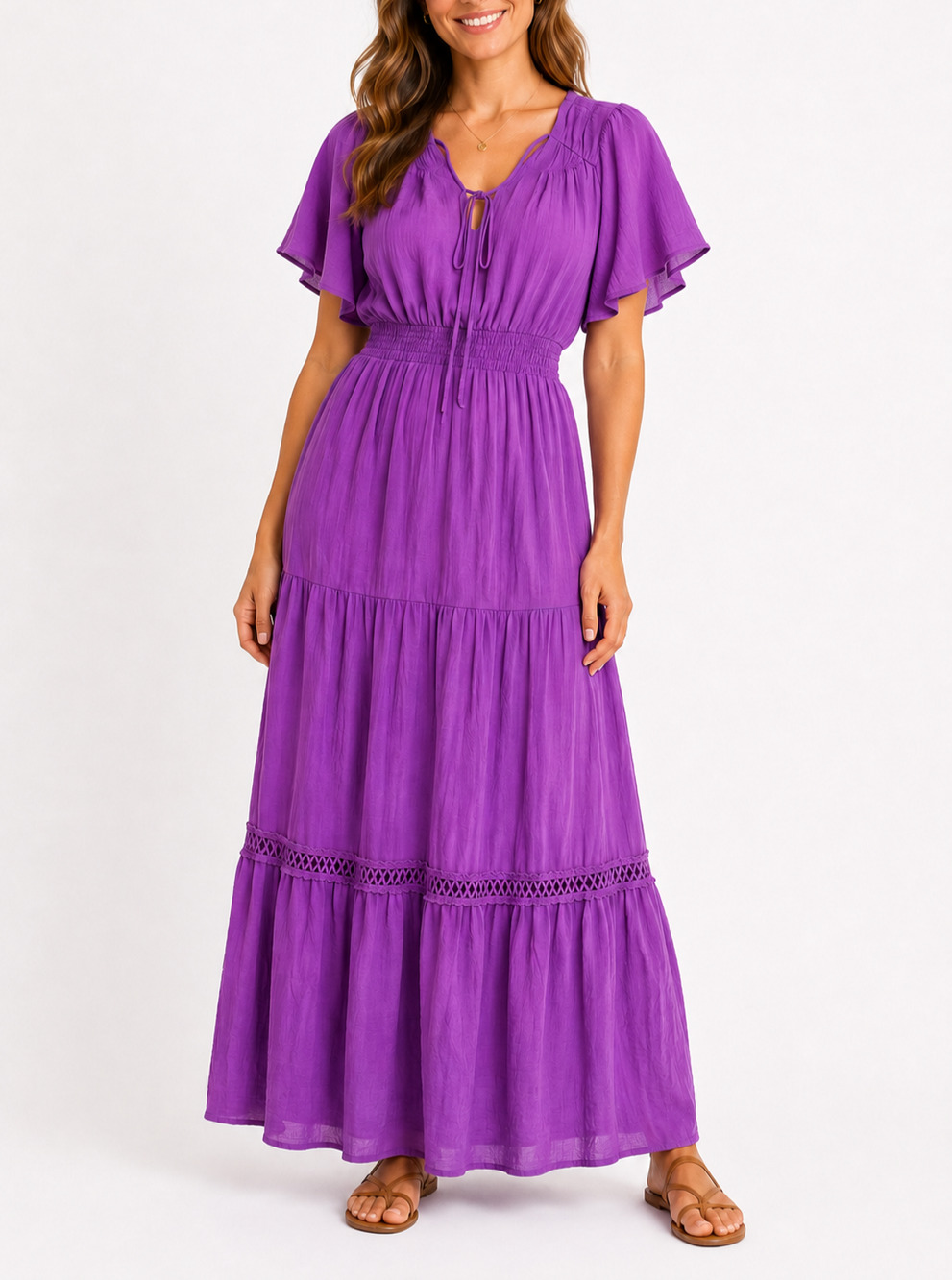 NWT Luxology Women M Purple Tiered Maxi Dress Smocked Waist Boho Flutter Sleeve